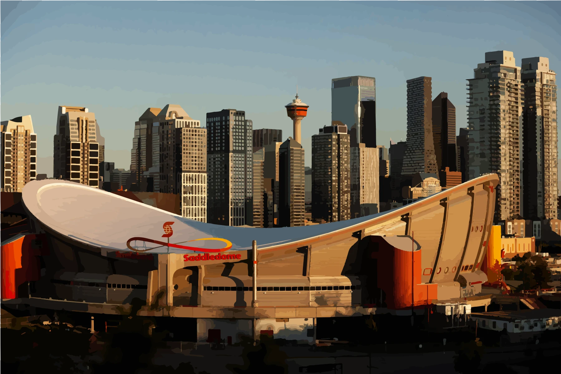 Calgary skyline with the Saddledome at sunset